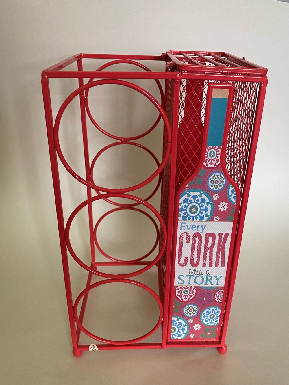 Red Wrought Iron Wine Rack with Cork Storage